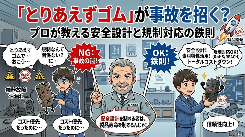 漫畫タッチで描かれた、機能と見た目の両立に悩む設計エンジニアに、ゴム・TPE製品の特性（機能性、質感、デザイン性）を活かした設計術を提案する川島産業のベテラン技術者の様子。背景には機能的で美しい製品が完成し、喜ぶエンジニア。