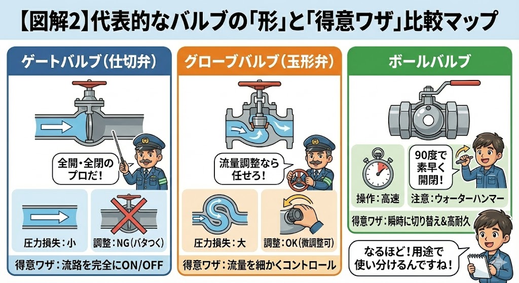 代表的なバルブの「形」と「得意ワザ」比較
