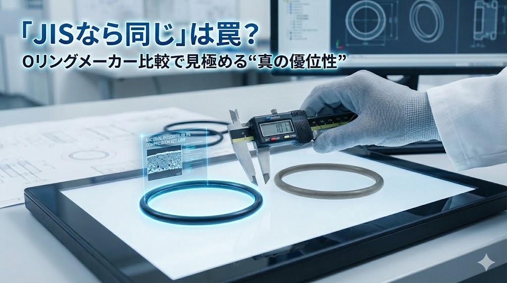 ノギスでOリングの品質データを比較測定し、真の優位性を見極める設計エンジニアの様子