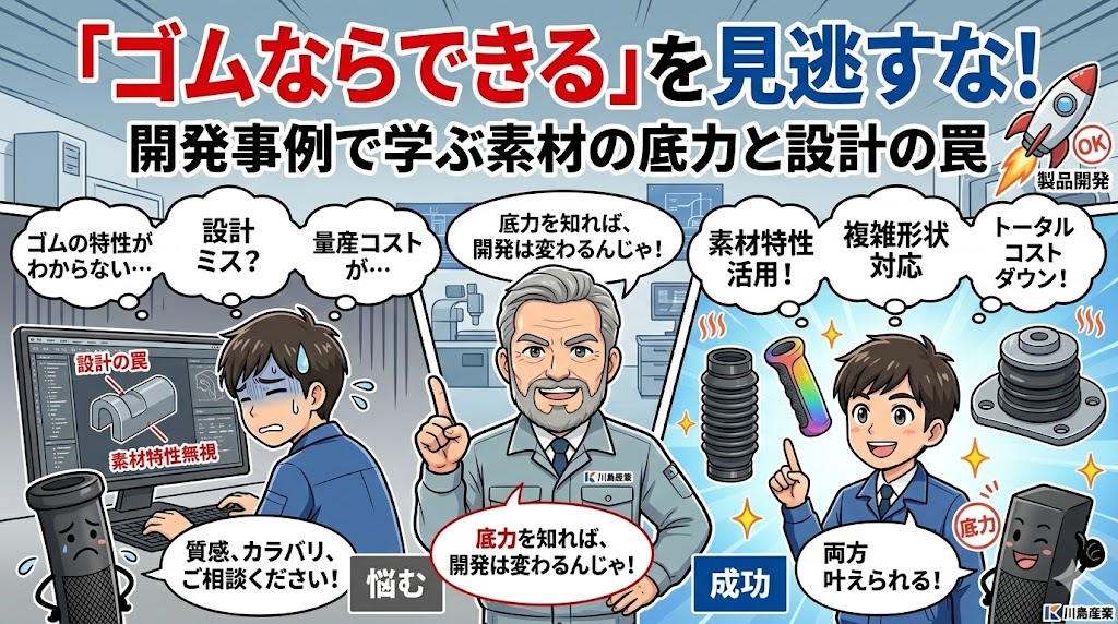 漫畫タッチで描かれた、機能と見た目の両立に悩む設計エンジニアに、ゴム・TPE製品の特性（機能性、質感、デザイン性）を活かした設計術を提案する川島産業のベテラン技術者の様子。背景には機能的で美しい製品が完成し、喜ぶエンジニア。