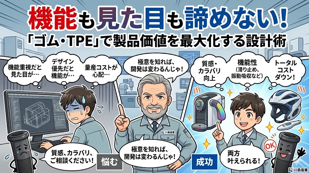漫畫タッチで描かれた、機能と見た目の両立に悩む設計エンジニアに、ゴム・TPE製品の特性（機能性、質感、デザイン性）を活かした設計術を提案する川島産業のベテラン技術者の様子。背景には機能的で美しい製品が完成し、喜ぶエンジニア。