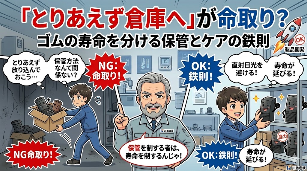 漫畫タッチで描かれた、機能と見た目の両立に悩む設計エンジニアに、ゴム・TPE製品の特性（機能性、質感、デザイン性）を活かした設計術を提案する川島産業のベテラン技術者の様子。背景には機能的で美しい製品が完成し、喜ぶエンジニア。