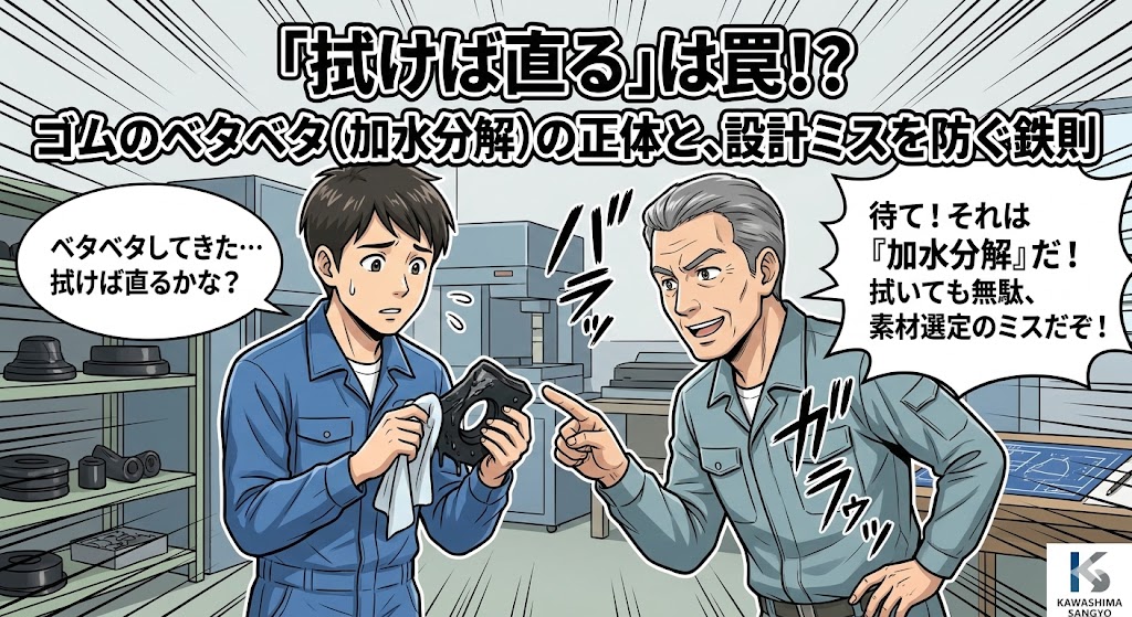 漫畫タッチで描かれた、コスト優先で安易なOリング選定をしようとする若手エンジニアに、信頼性評価とリスク対策の重要性を諭す川島産業のベテラン技術者の様子。背景にはトラブルと成功の対比イメージ。