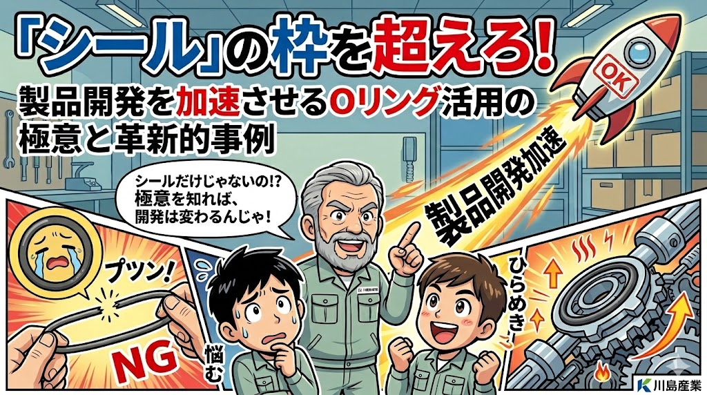 漫畫タッチで描かれた、Oリングの革新的な活用極意によってロケットのように開発が加速し、喜ぶ設計エンジニアとアドバイスする川島産業スタッフの様子