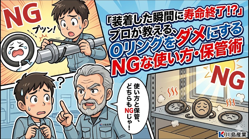 漫畫タッチで描かれた、Oリングを無理やり装着して切れてしまう若手エンジニアと、それを諭すベテラン技術者の様子