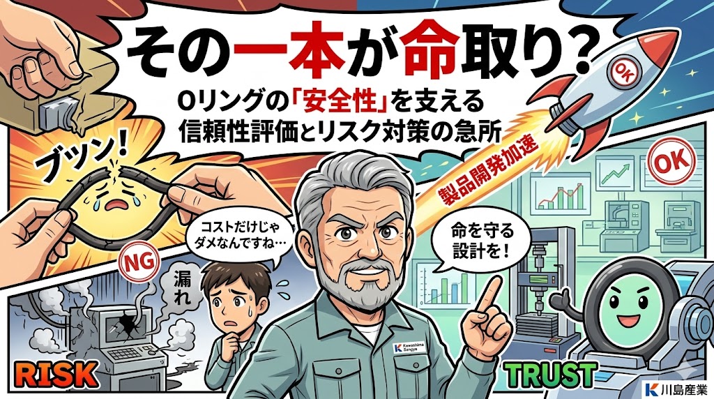 漫畫タッチで描かれた、コスト優先で安易なOリング選定をしようとする若手エンジニアに、信頼性評価とリスク対策の重要性を諭す川島産業のベテラン技術者の様子。背景にはトラブルと成功の対比イメージ。