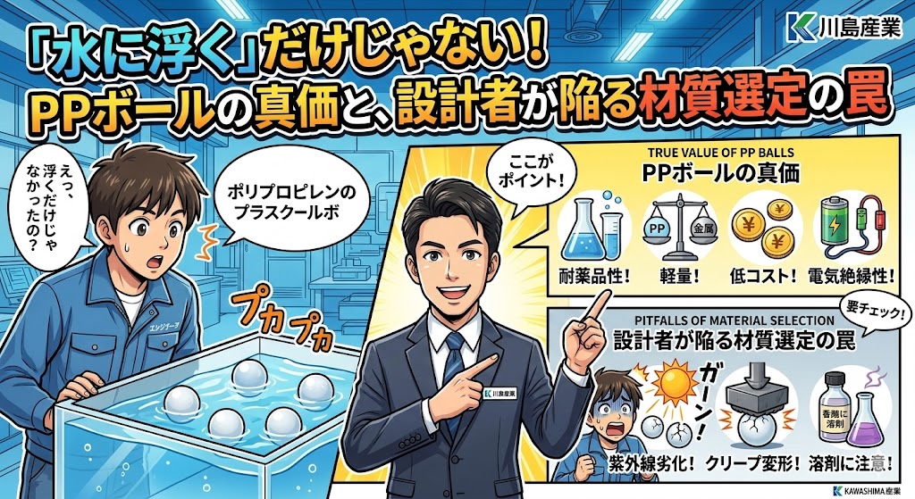 漫画タッチで描かれた、川島産業のスタッフがPPボール（ポリプロピレン製プラスチックボール）の真価と材質選定の罠を解説するアイキャッチ画像。左側では驚いた若手エンジニアが水に浮くPPボールを見ている。右側の2枚のパネルには、耐薬品性、軽量、低コスト、電気絶縁性といったメリットと、紫外線劣化、クリープ変形、溶剤への注意といったデメリットが、アイコンとテキストで具体的に示されている。全体にタイトル「「水に浮く」だけじゃない！PPボールの真価と、設計者が陥る材質選定の罠」が入っている。