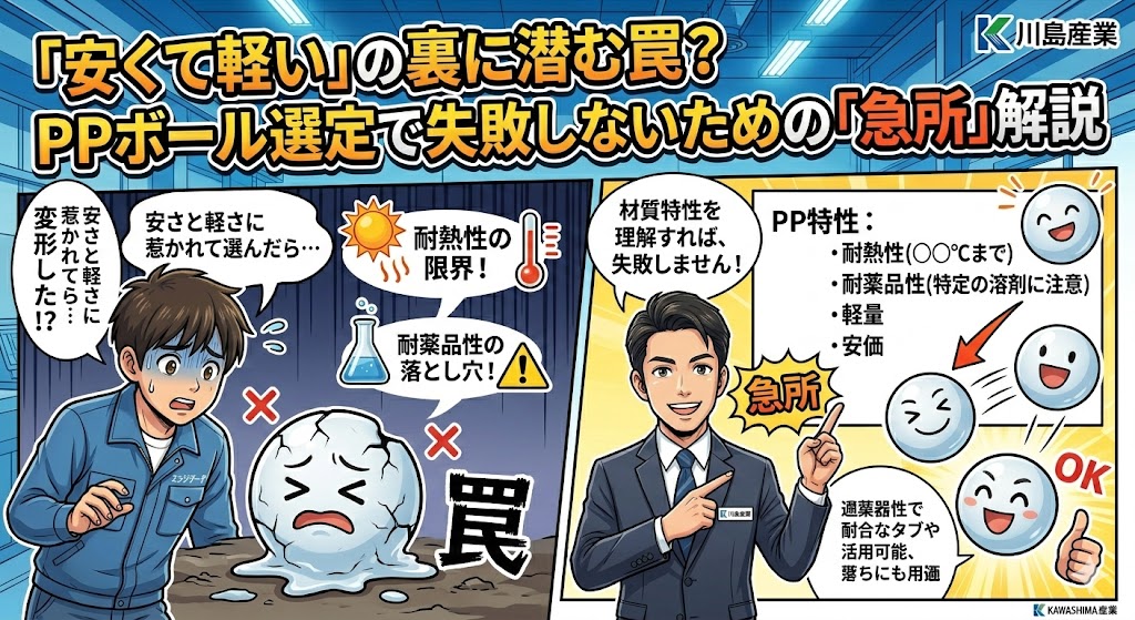 漫画タッチで描かれた、川島産業のPPボール（ポリプロピレン製プラスチックボール）選定解説アイキャッチ画像。タイトルは「「安くて軽い」の裏に潜む罠？PPボール選定で失敗しないための「急所」解説」。左側では安さと軽さだけで選んだ結果、耐熱性や耐薬品性の限界で変形・溶解したPPボールと焦る若手エンジニアが描かれ、右側ではPP特性（耐熱性、耐薬品性、軽量、安価）を理解して成功したsmiling PPボールと解説するスタッフが描かれている。