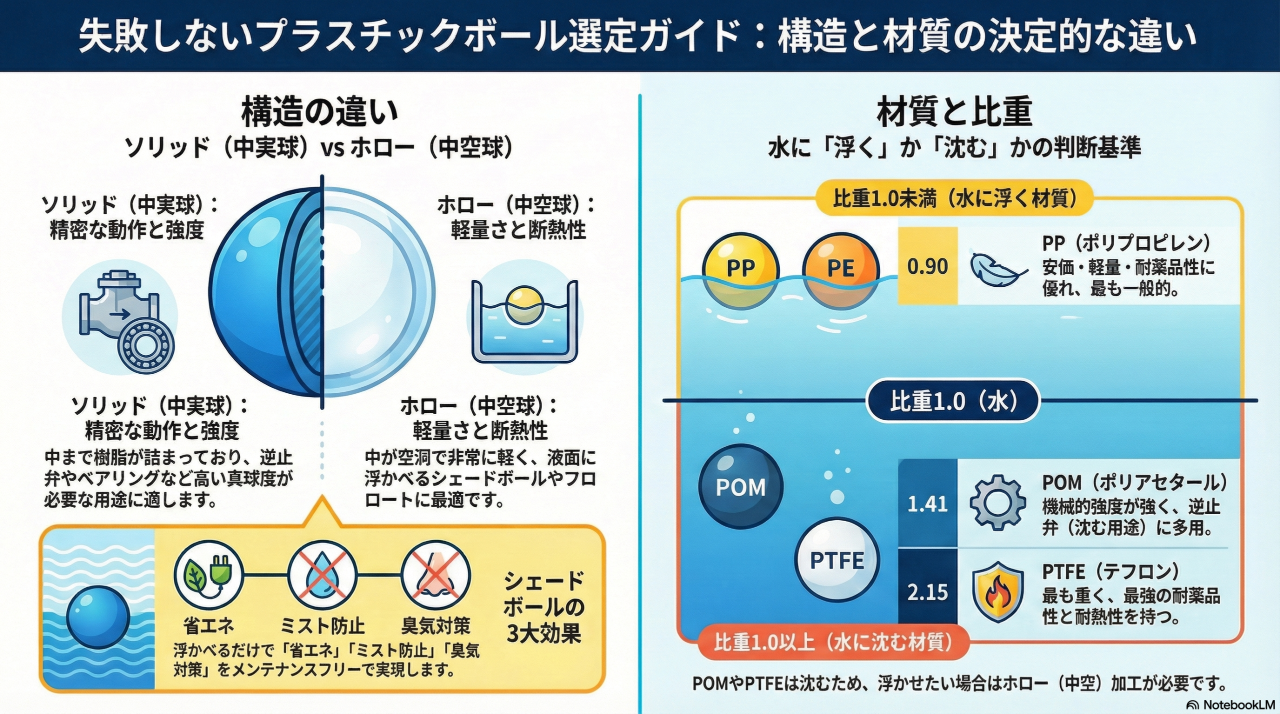 プラスチックボール 選び方｜浮く沈むの違いと材質別比重（PP・PE・POM・PTFE）解説図