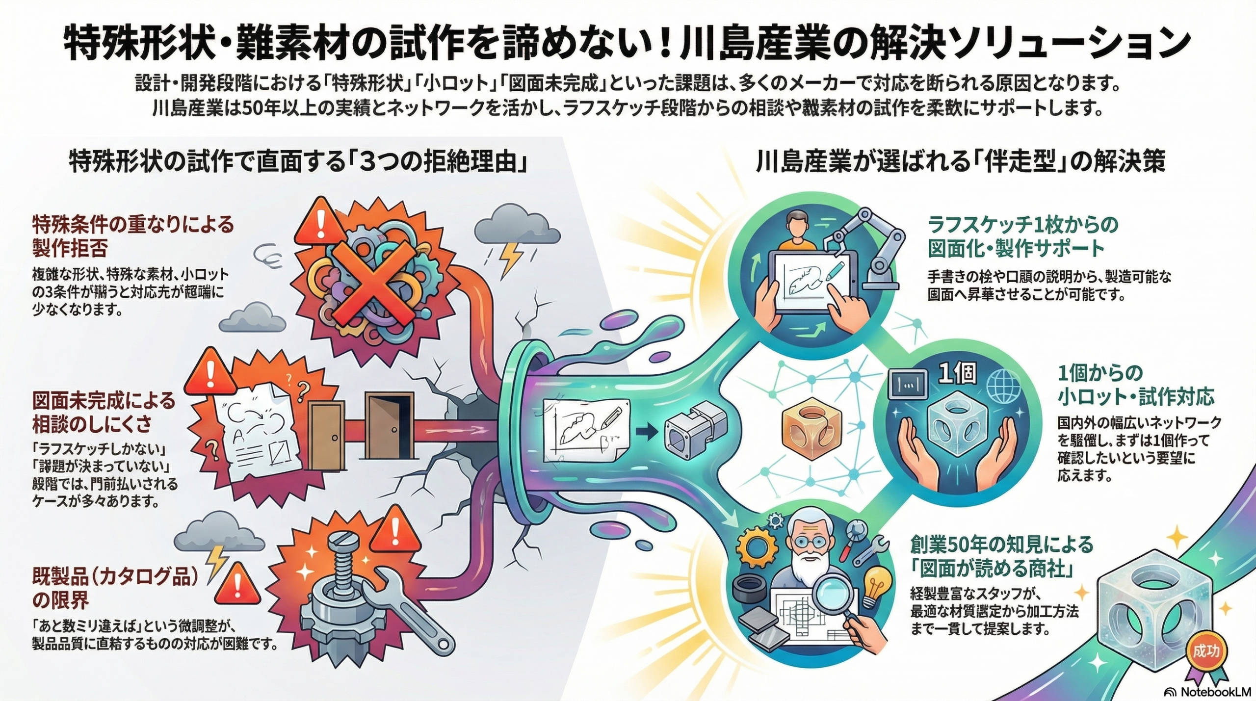 試作の特殊形状で困った時の解決策｜小ロット対応・材質選定・図面化まで一貫対応の流れ図