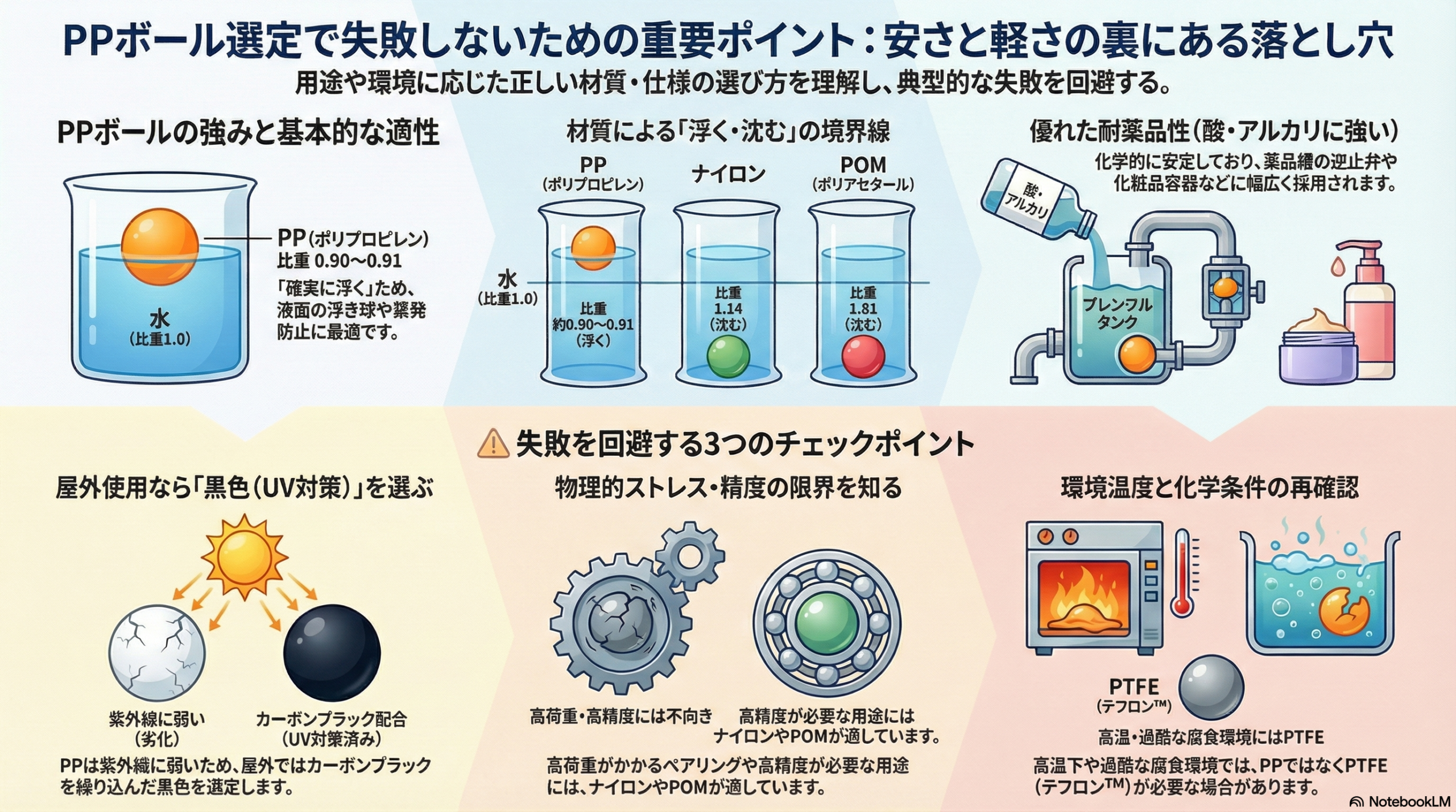 PPボール選定ミスを防ぐ方法｜比重による浮沈比較と用途・環境別の正しい選び方