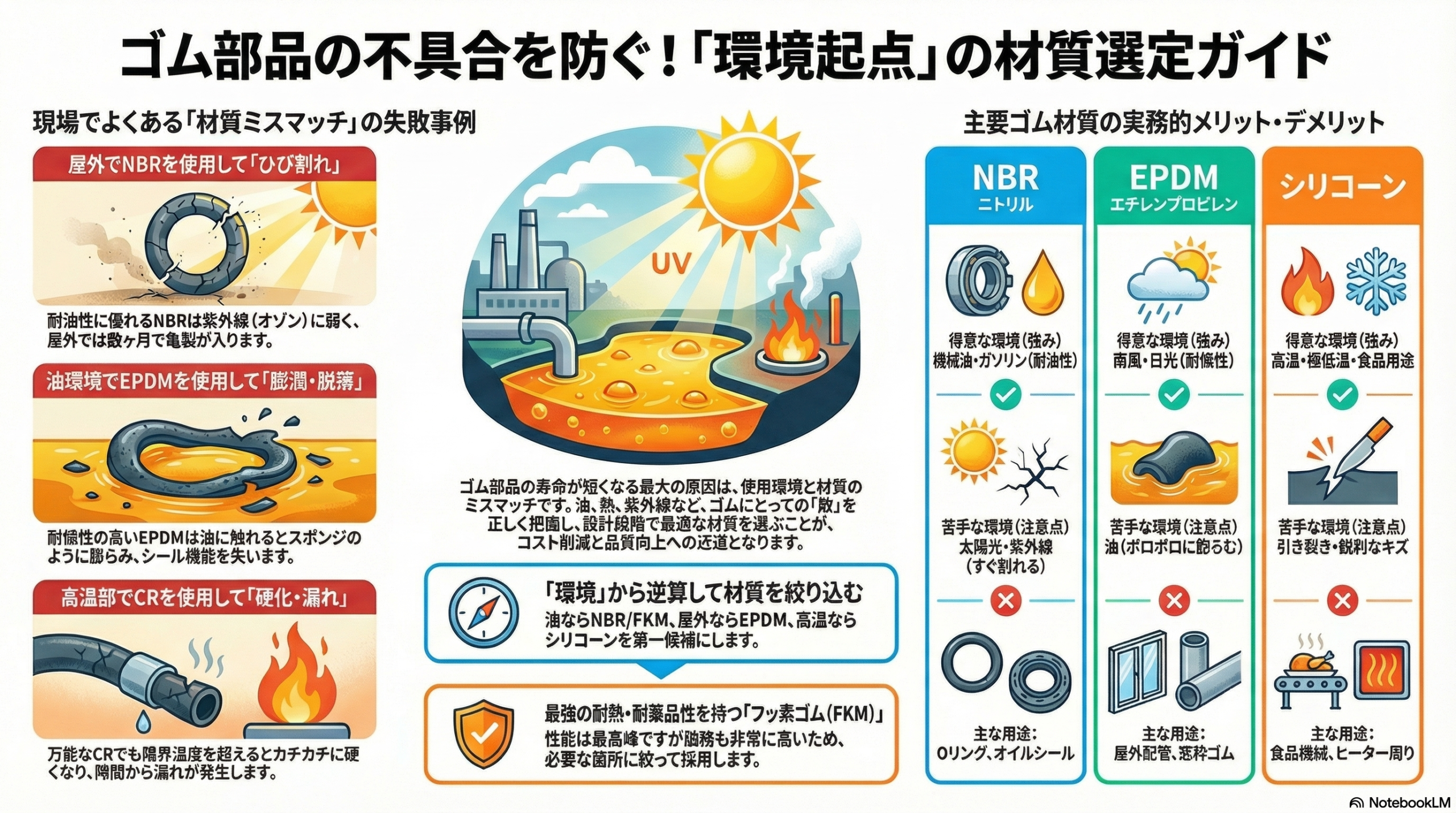 ゴム材質選定の基準｜NBR・EPDM・シリコーンの特性比較と、紫外線・油・高温環境での不具合事例と対策をまとめた図解