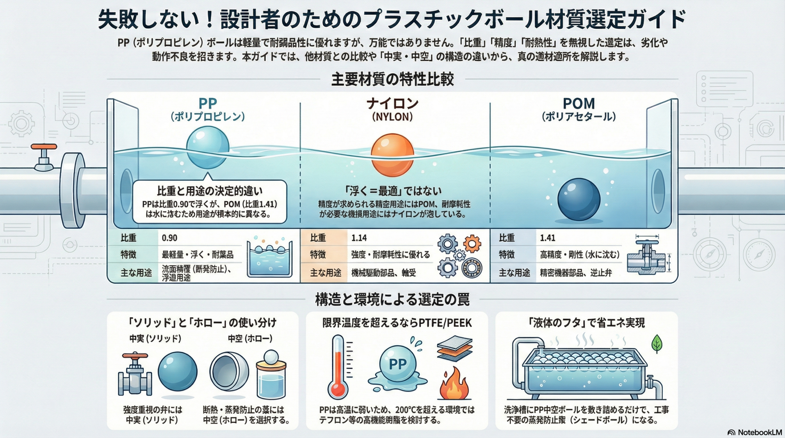 PP・ナイロン・POM材質選定フロー：水に浮かせる用途はPP、精密用途はPOM、耐摩耗用途はナイロンを選択