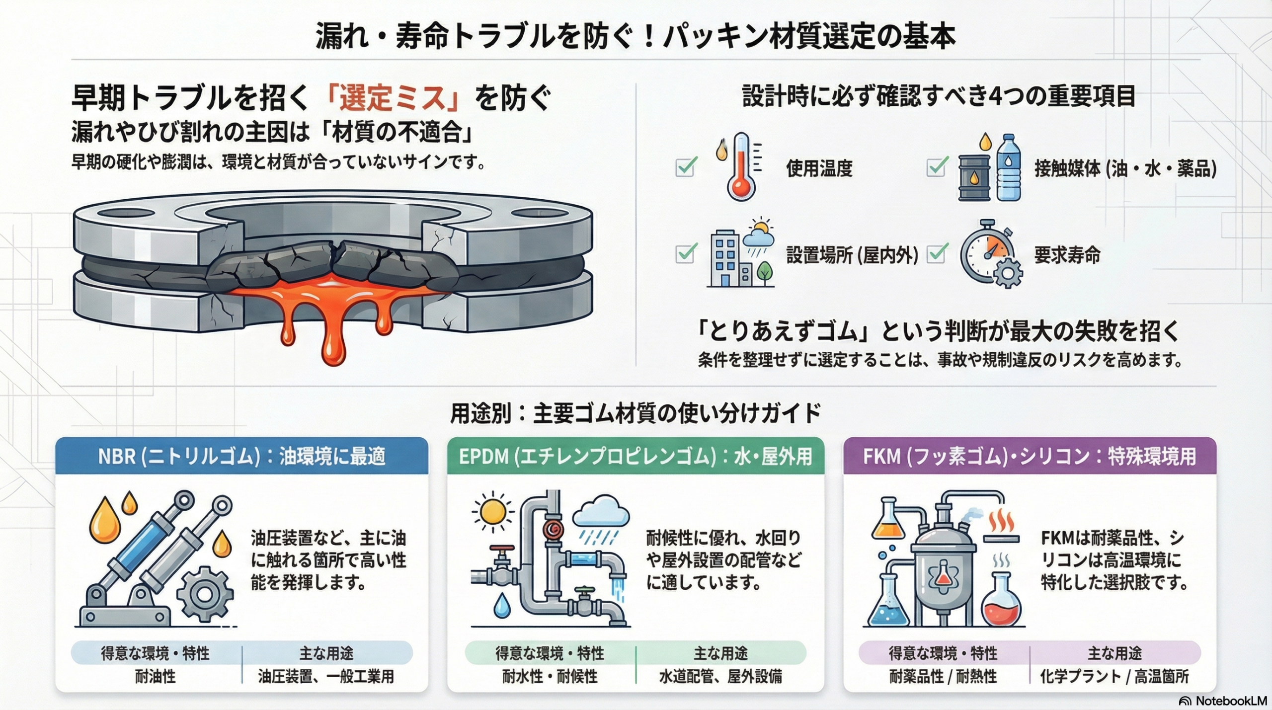 パッキン材質選び方とゴム選定ポイントの図解