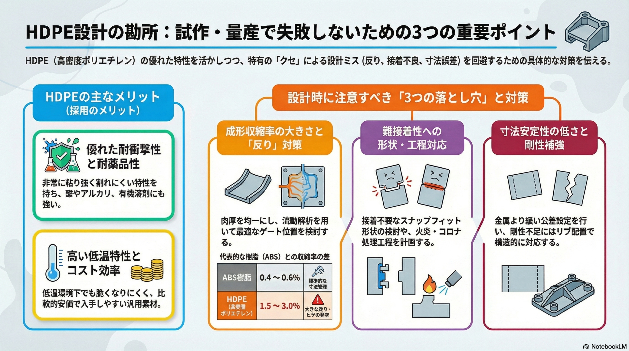HDPE特性と設計ポイントの図解｜収縮率・反り・接着不良・寸法安定性の3つの注意点と対策