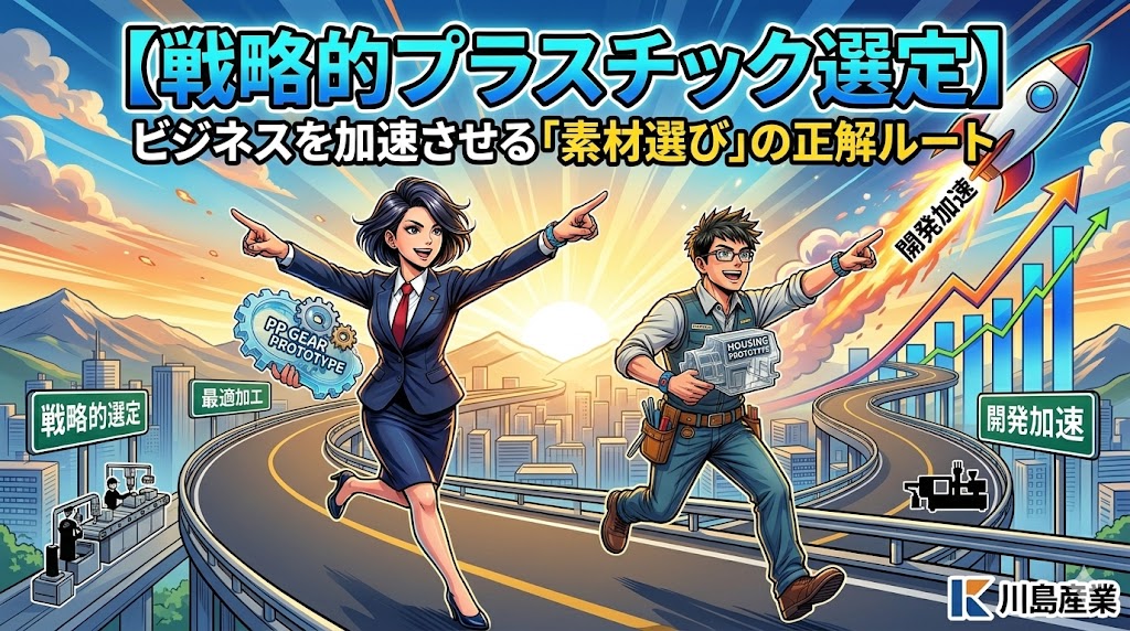 漫画タッチのアイキャッチ。ビジネスパーソンと技術者がプラスチック素材を手に、成功への道を指さしている。背景には上昇グラフとロケット。上部に「【戦略的プラスチック選定】ビジネスを加速させる「素材選び」の正解ルート」のタイトル入り。