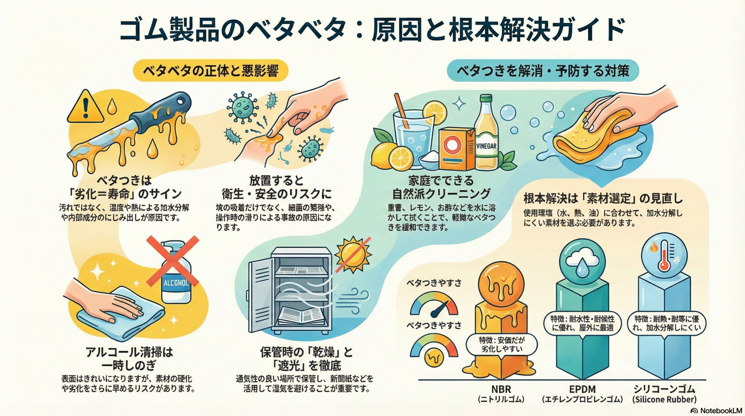 ゴム製品がベタベタする原因と対処法の図解｜劣化の仕組みと素材選定（NBR・EPDM・シリコン）の違い