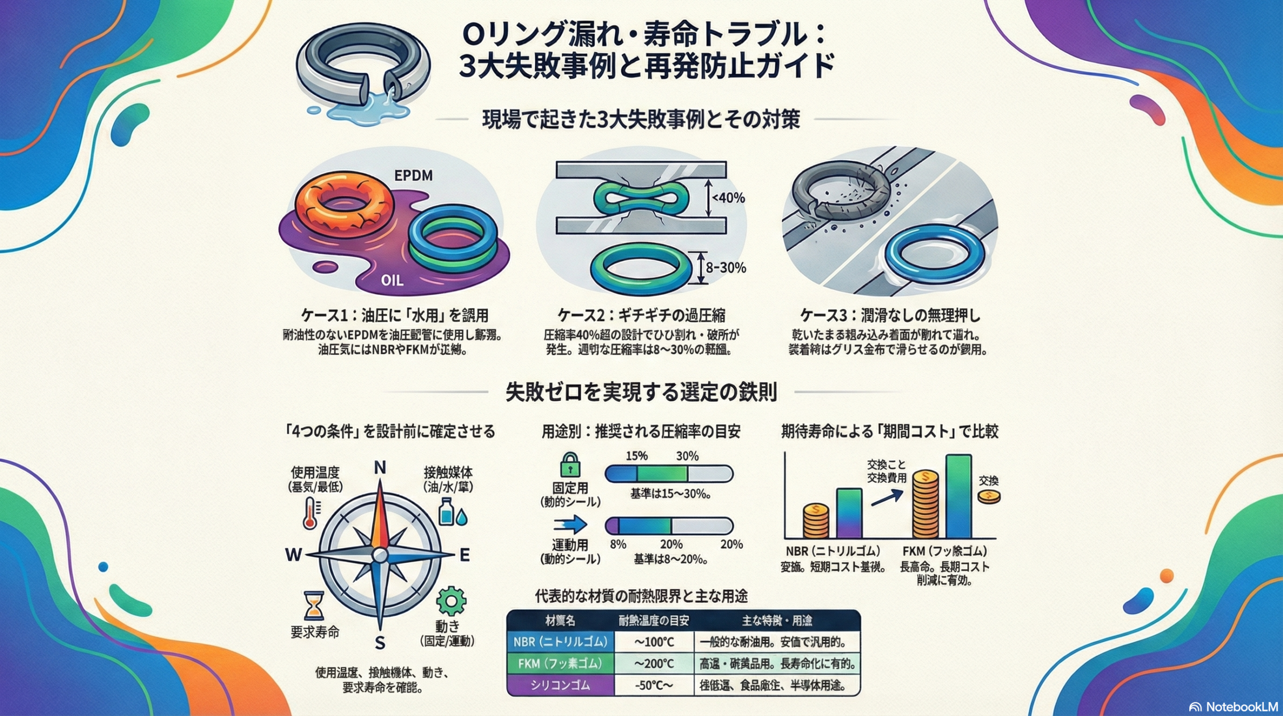 Oリングの漏れ・寿命トラブルの3大失敗事例（膨潤・過圧縮・潤滑不足）と対策、材質選定基準（NBR・FKM・シリコン）をまとめた図解