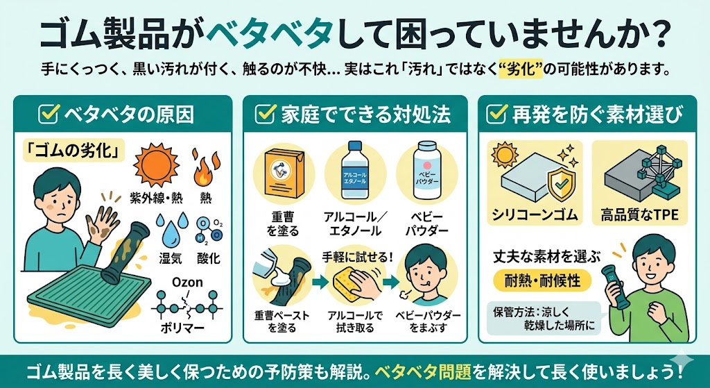 ゴム製品 ベタベタ 原因 対処法 図|劣化の理由と掃除方法・素材選定(シリコン・TPE)