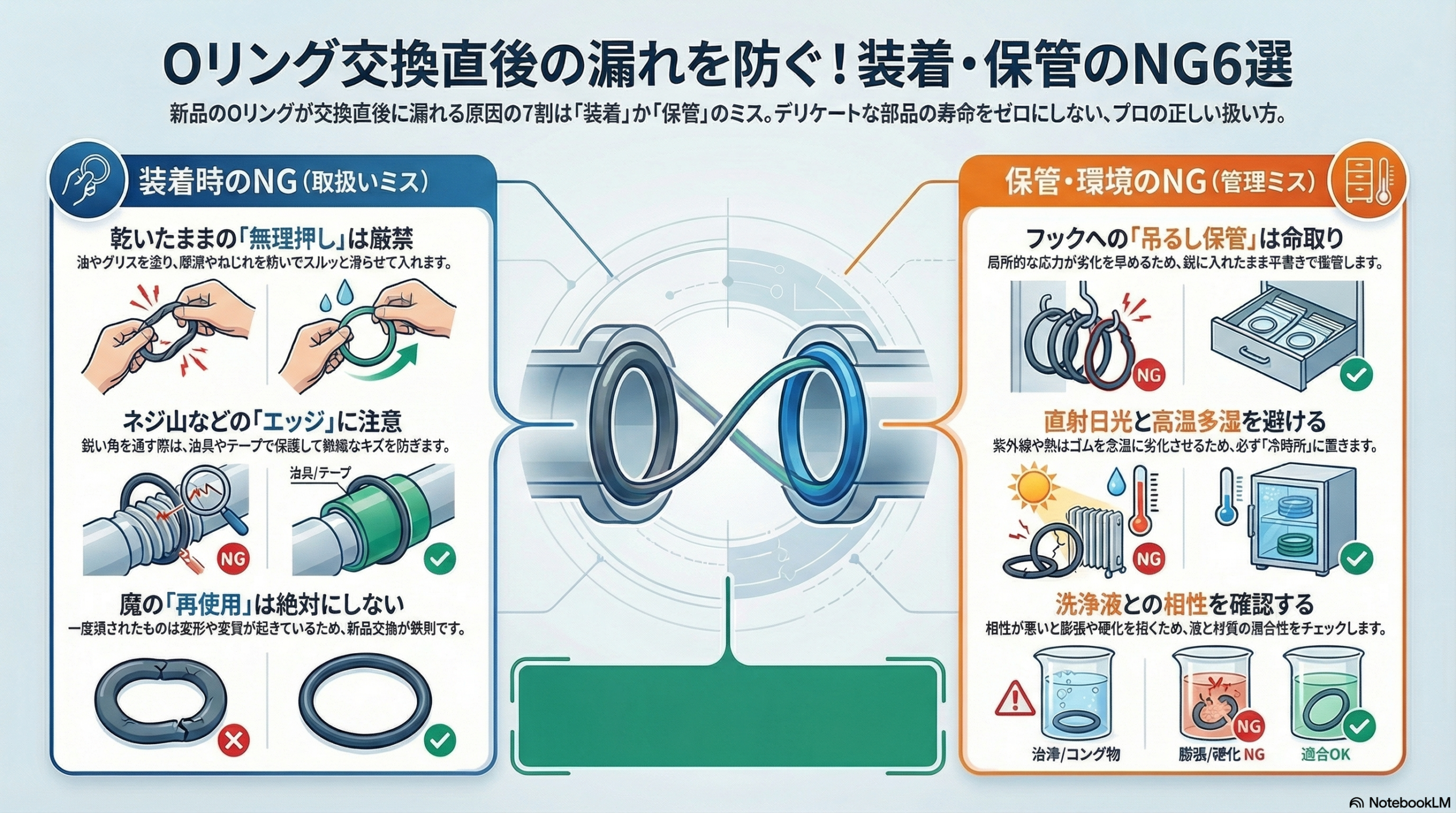 Oリング漏れ防止ガイド｜交換後のトラブル原因（装着・保管ミス）と正しい取り扱い方法6選