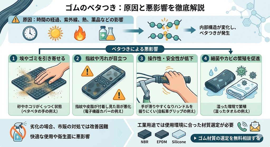 ゴム ベタベタ 原因 悪影響 図|劣化で滑る・汚れる・カビが発生する理由と対処法