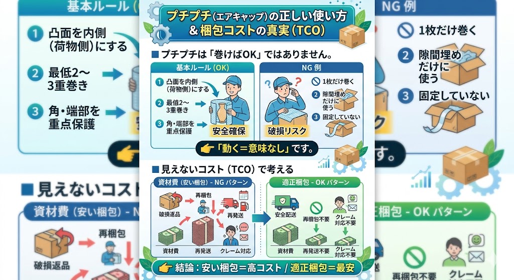 プチプチの誤った使い方と正しい梱包方法の比較図｜不十分な緩衝による破損・再発送コストと、適正梱包によるコスト削減（TCO改善）を示した図解