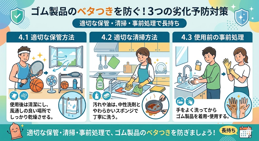 ゴム ベタベタ 防止 方法 図|保管・掃除・使用前処理で劣化を防ぐ対策