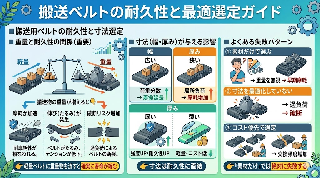 搬送ベルトの耐久性に影響する重量・寸法（幅・厚み）の関係と、素材選定・寸法設計ミスによる早期摩耗や破断などの失敗パターンを解説した図解