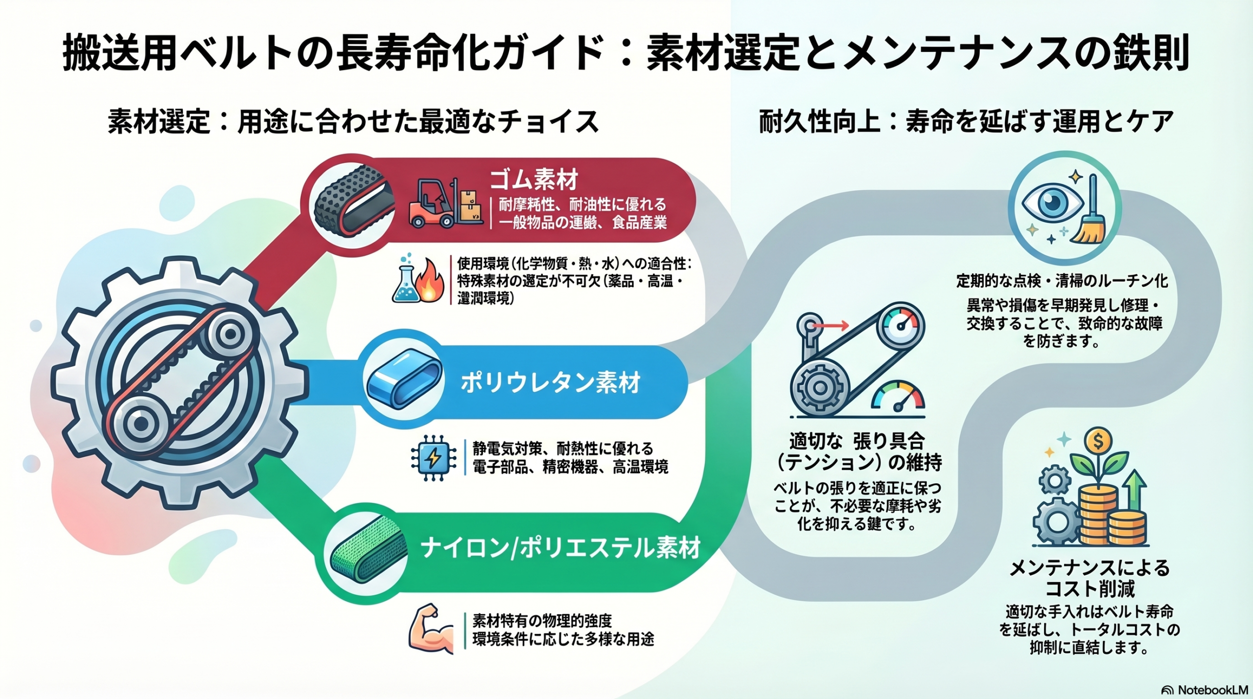 搬送用ベルトの長寿命化ガイド。ゴム・ポリウレタン・ナイロン素材の特徴比較と、テンション管理・清掃・点検による耐久性向上とコスト削減のポイントを解説した図解
