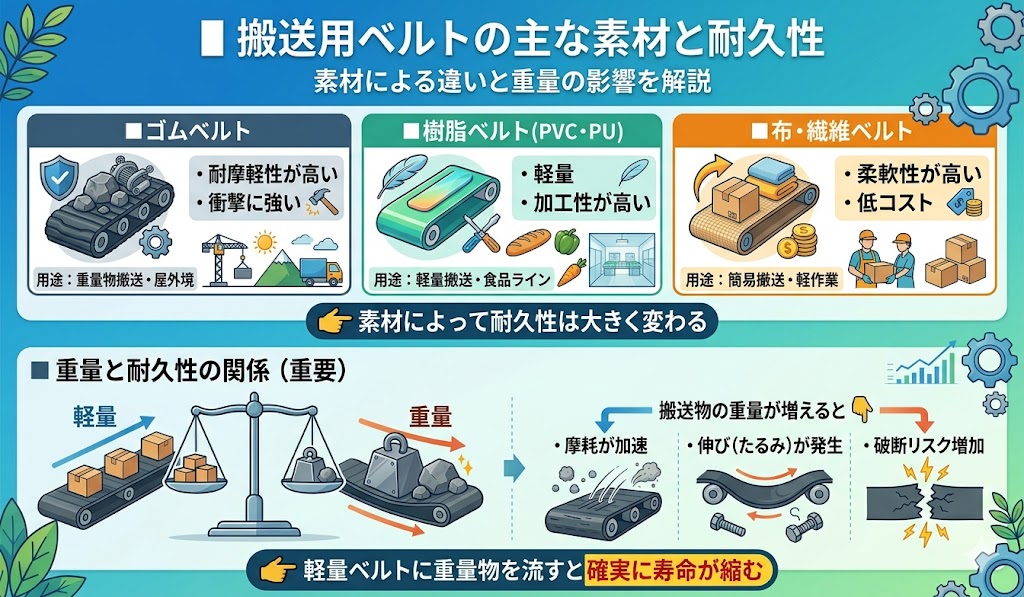 搬送用ベルトの素材別耐久性比較（ゴム・樹脂・布）と、搬送物の重量増加による摩耗・伸び・破断リスクの関係を解説した図解