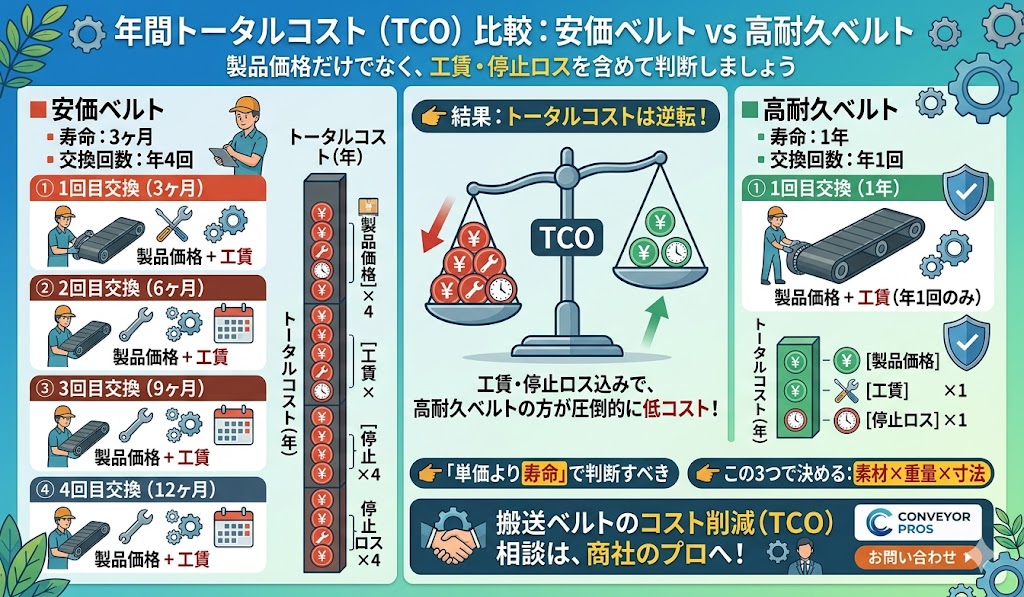 搬送ベルトの年間コスト比較｜安価ベルトは年4回交換で工賃・停止ロスが増加し、高耐久ベルトは年1回交換でトータルコスト削減となるTCO比較図