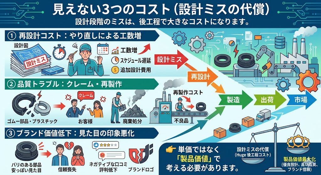 設計ミスによる再設計コスト・品質トラブル・ブランド価値低下の3つの見えないコストと後工程への影響を示した図解