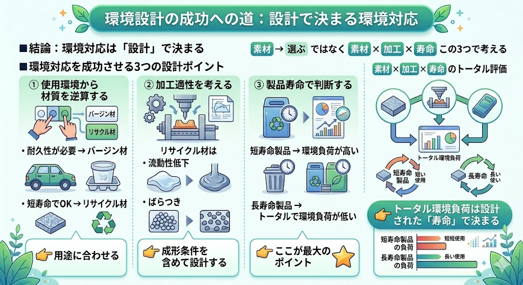 プラスチックの環境設計を成功させるための素材選定・加工適性・製品寿命の最適化ポイントを示した図解