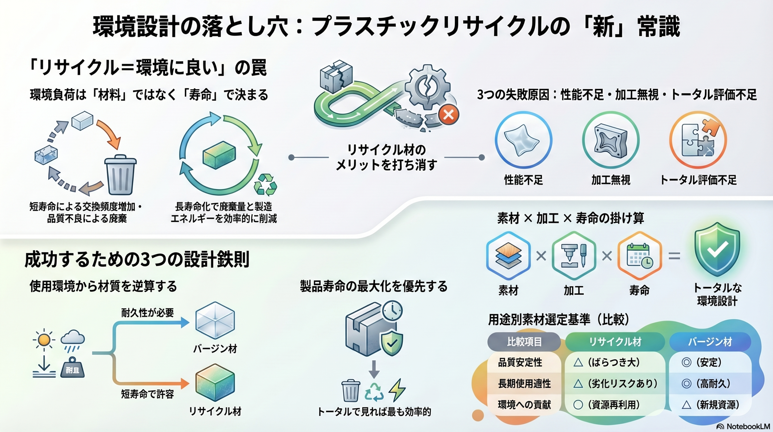 プラスチックの環境設計で失敗しないためのリサイクル材とバージン材の比較および寿命ベース設計の図解