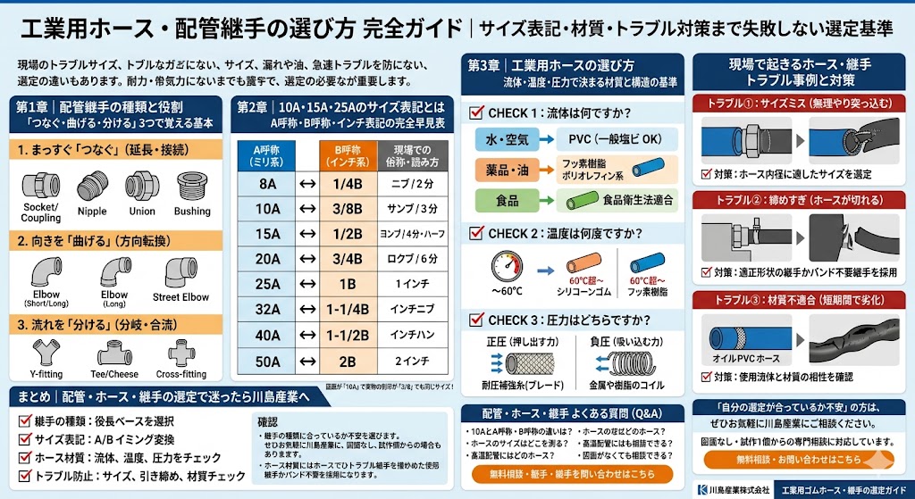 工業用ホース・配管継手の選び方完全ガイド｜継手の種類・A呼称B呼称サイズ早見表・ホース材質チェック・トラブル対策を1枚にまとめた選定基準図