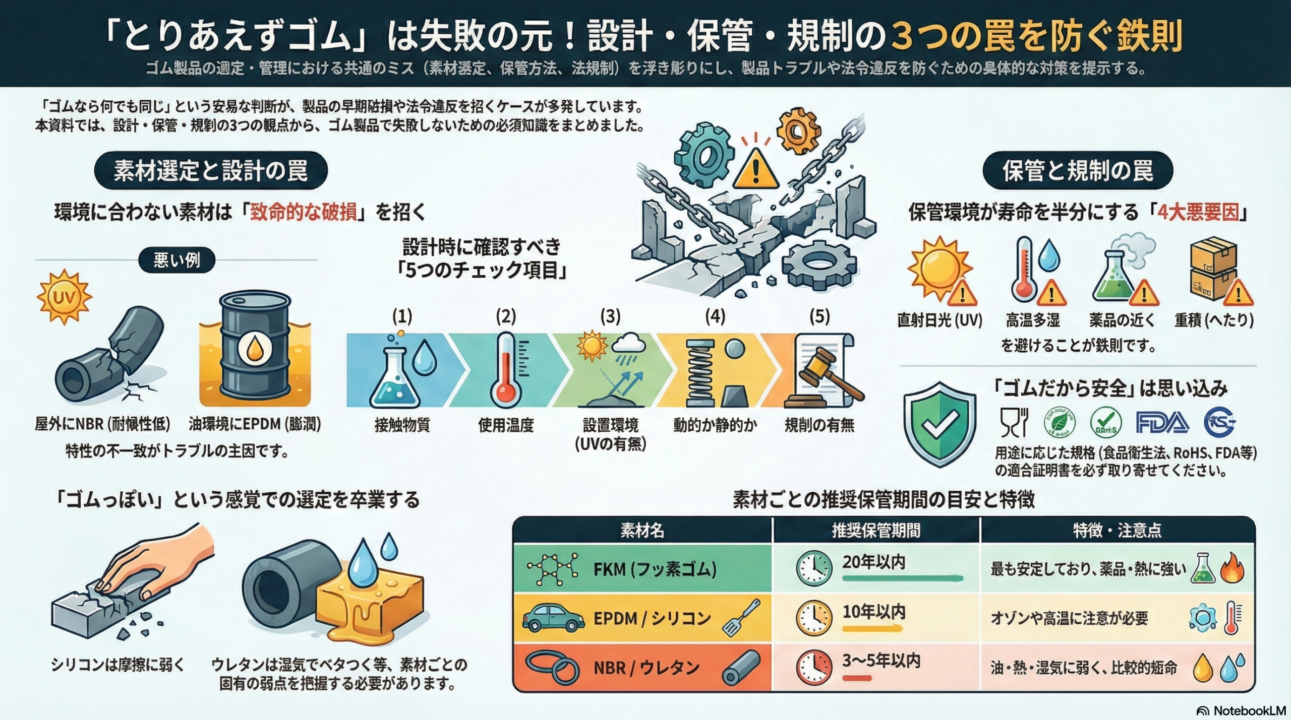 工業用ゴムの素材選定・保管・規制の3つの罠を解説したインフォグラフィック。屋外NBR劣化・油環境EPDM膨潤などのNG事例、設計時の5つの確認項目、素材別推奨保管期間（FKM20年・EPDM10年・NBR5年）、RoHS・FDA・食品衛生法など規制対応の図解。