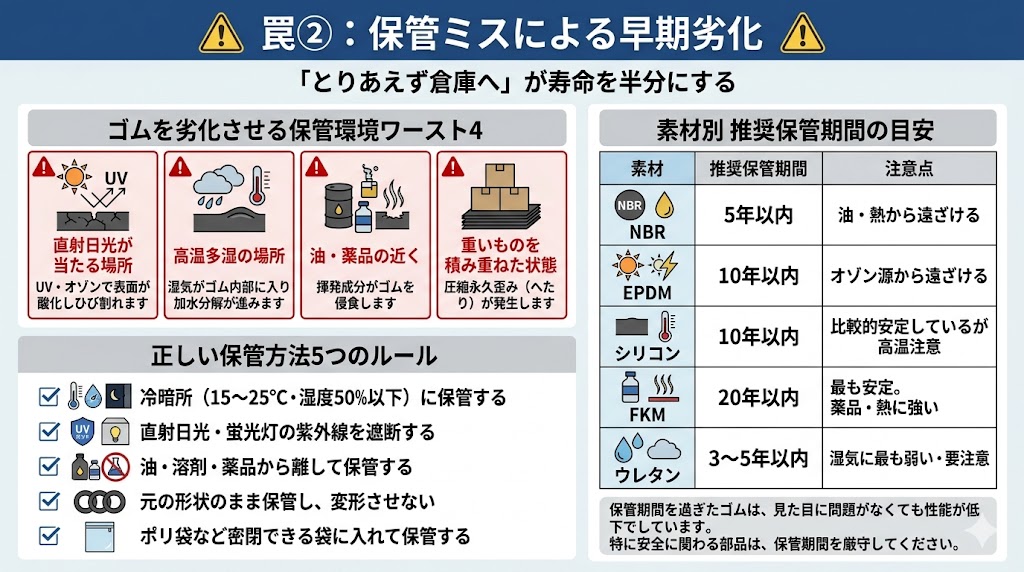 ゴムの保管ミスによる早期劣化を解説したインフォグラフィック。劣化させる保管環境ワースト4（直射日光・高温多湿・油薬品近く・重積）、正しい保管方法5つのルール、素材別推奨保管期間（FKM20年・EPDM10年・シリコン10年・NBR5年・ウレタン3〜5年）の図解。
