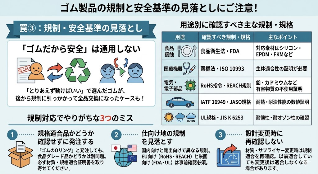 ゴム製品の規制・安全基準の見落としを解説したインフォグラフィック。用途別確認すべき規制一覧（食品衛生法・FDA・薬機法・RoHS指令・REACH規制・IATF16949・JIS K6253）、規制対応でやりがちな3つのミス（規格確認なし発注・仕向け地見落とし・設計変更時未確認）の図解。