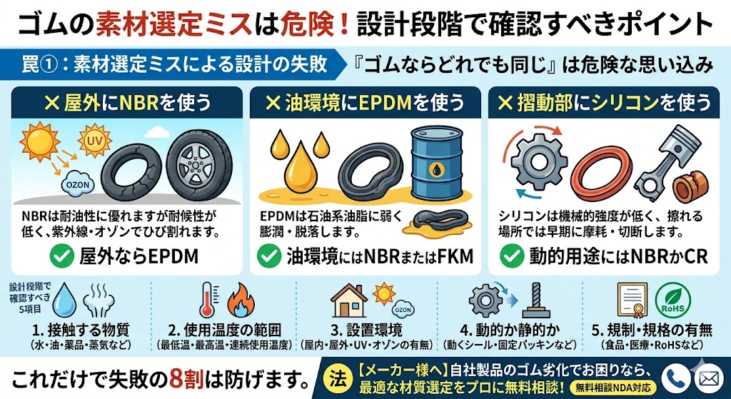 ゴムの素材選定ミスによる3つの失敗事例（屋外NBRひび割れ・油環境EPDM膨潤・摺動部シリコン摩耗）と設計時に確認すべき5項目（接触物質・使用温度・設置環境・動静的・規制）の図解。工業用ゴム部品の材質選定ガイド。