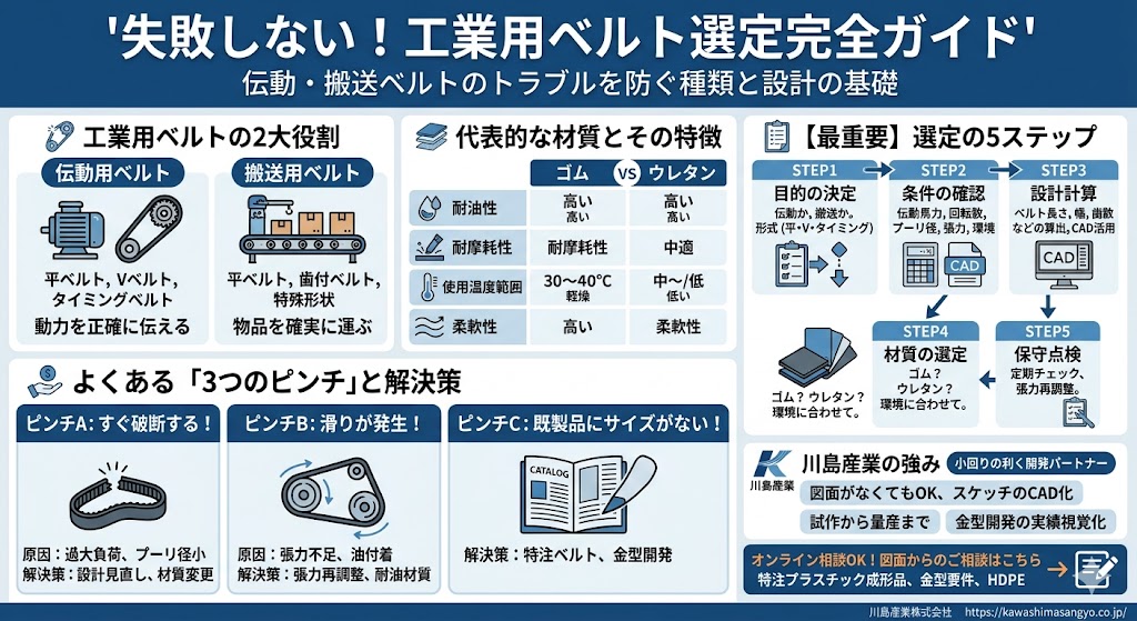工業用ベルト選定完全ガイド｜伝動用・搬送用の種類比較、ゴムvsウレタン材質特性表、選定の5ステップ（目的の決定〜保守点検）、よくある3つのトラブル（すぐ破断・滑り・サイズ不適合）と解決策を図解