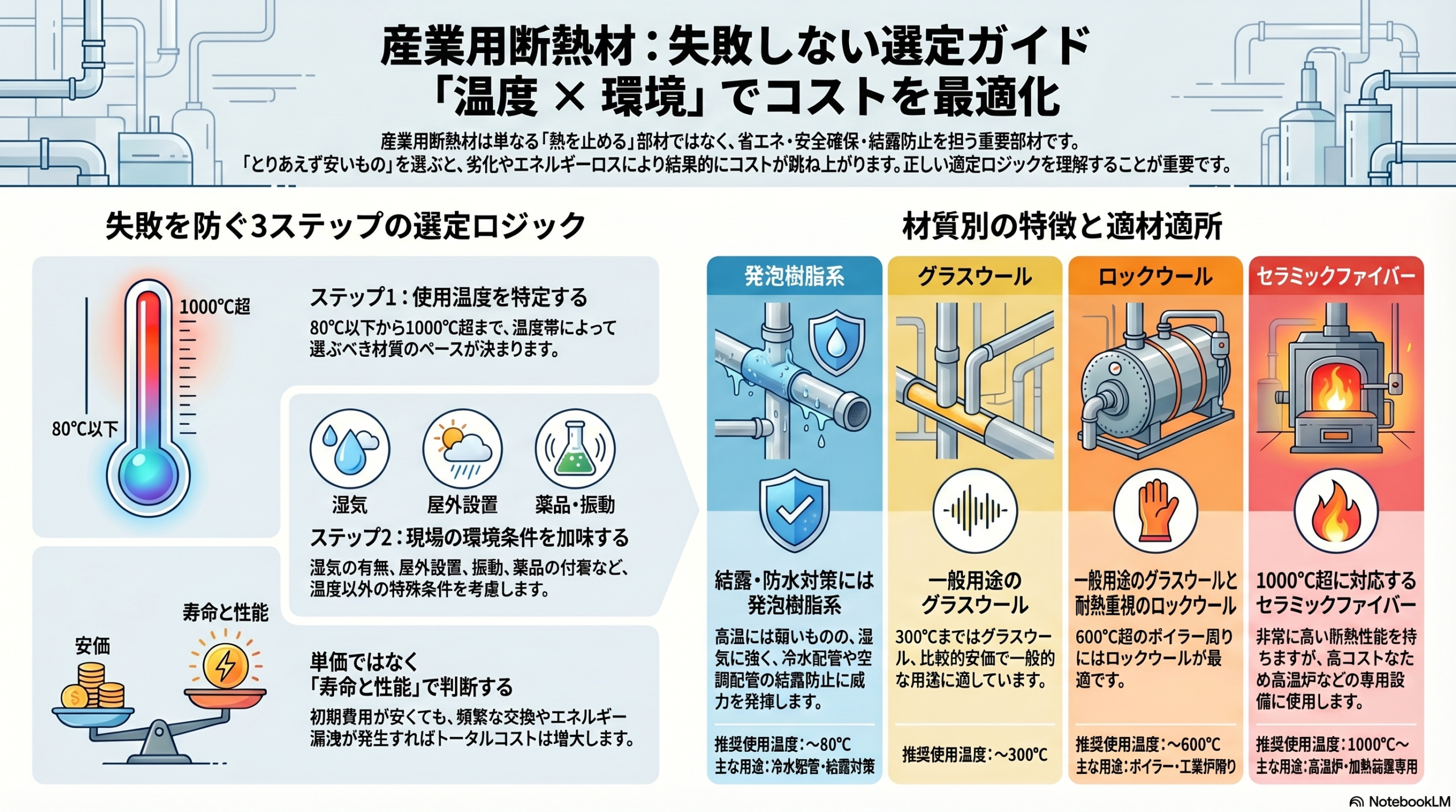 産業用断熱材の種類と選び方｜温度帯別と環境条件で最適材質を判断する図解