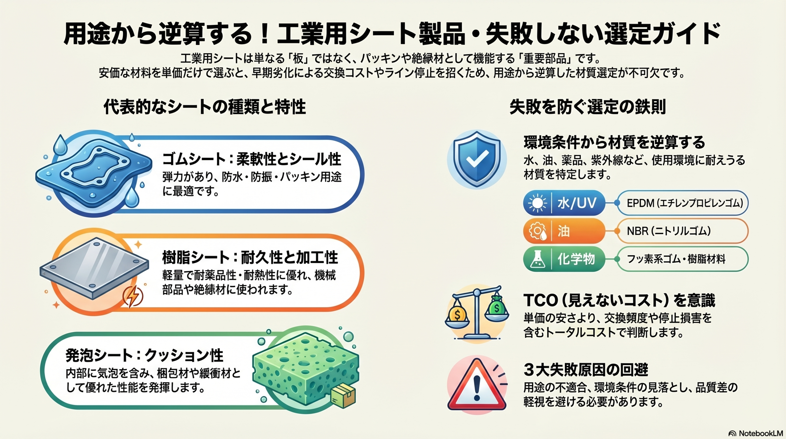 工業用シートの選び方｜ゴムシート・樹脂シート・発泡シートの違いと用途別最適材質、見えないコスト（TCO）を解説