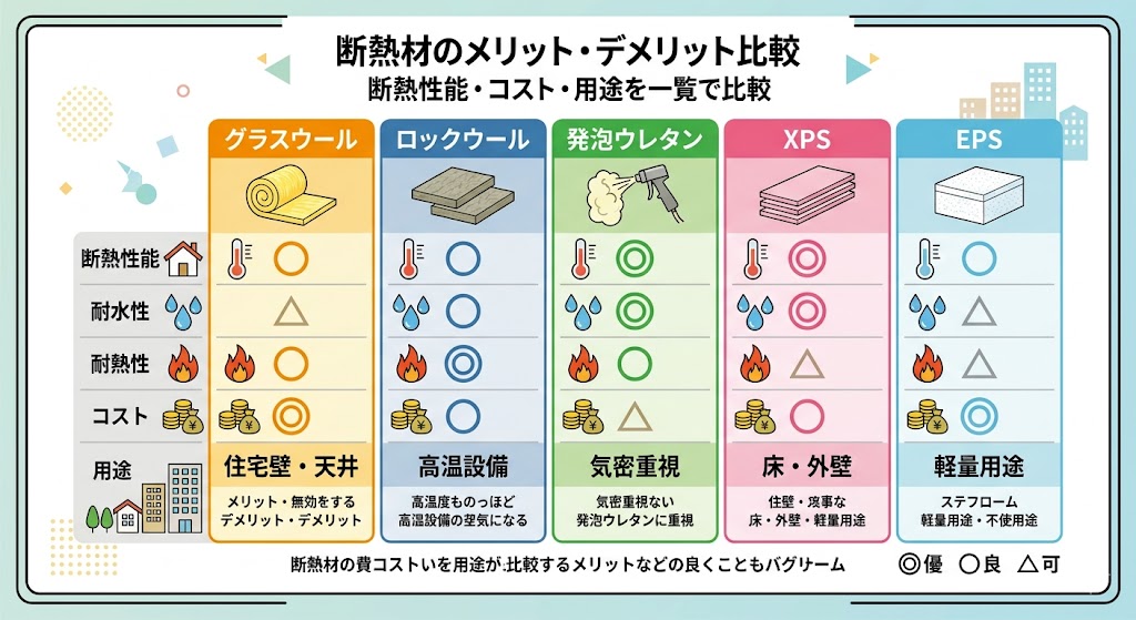 断熱材の選び方が分かる比較図|性能・耐水性・耐熱性・コストから最適な材料を判断するための一覧
