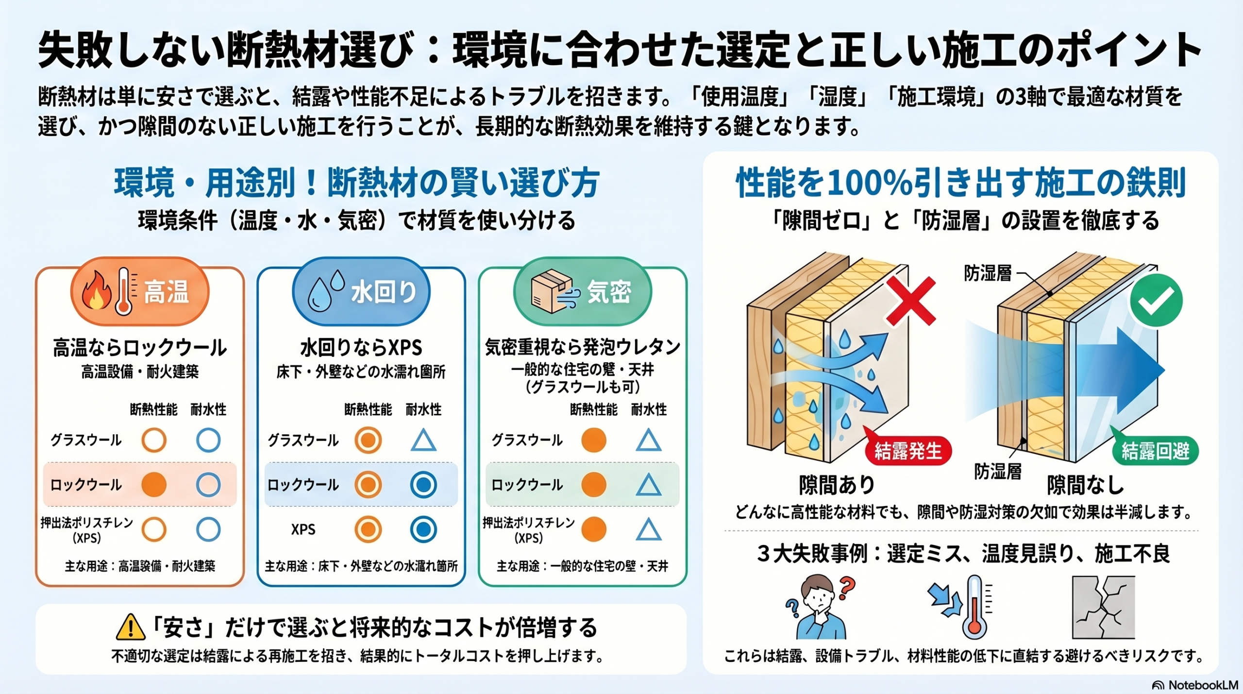 断熱材選定の失敗を防ぐ図解｜温度・湿気・気密別の最適材と隙間施工による結露リスクの比較