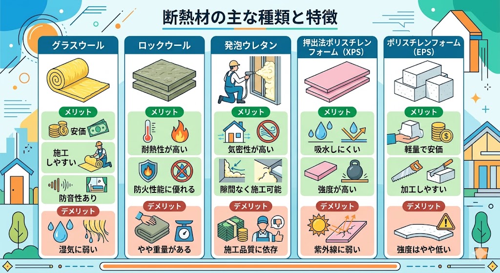 断熱材の種類別比較図|グラスウール・ロックウール・ウレタン・XPS・EPSの違いとメリット・デメリットを分かりやすく解説