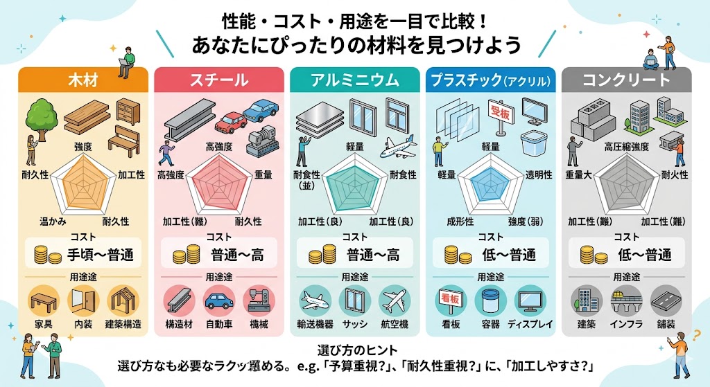 素材選びに役立つ比較図|強度・耐久性・コスト・用途から最適な材料を判断するための一覧