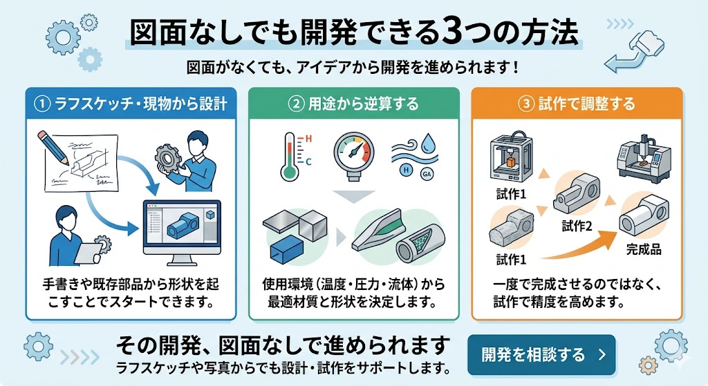 図面がなくても開発できる3つの方法（ラフスケッチ設計・用途からの材質選定・試作による調整）と開発支援の流れを解説した図