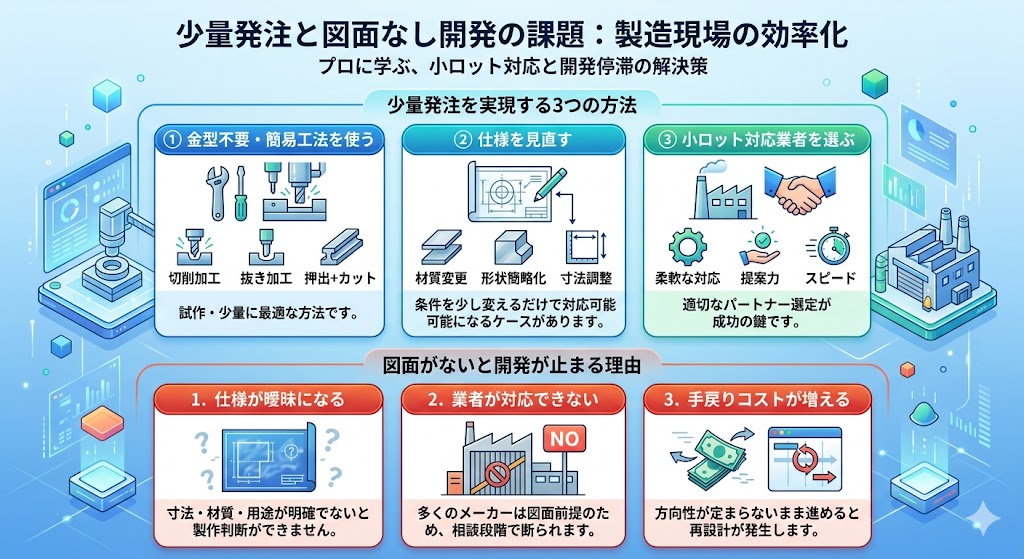 図面がなくてもゴム・樹脂部品の開発を進める方法（ラフスケッチ設計・用途からの逆算・試作による改善）と、従来メーカーとの違いを比較した図