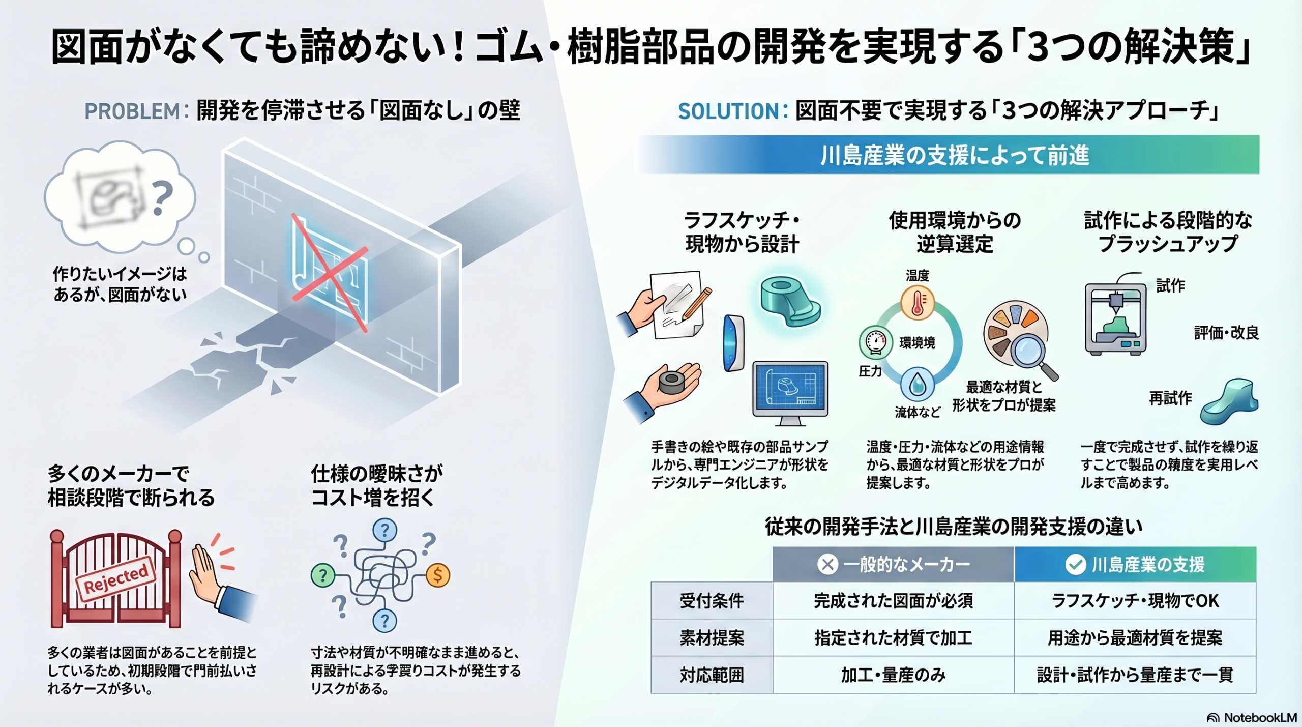 図面がなくてもゴム・樹脂部品の開発を進める方法（ラフスケッチ設計・用途からの逆算・試作による改善）と、従来メーカーとの違いを比較した図