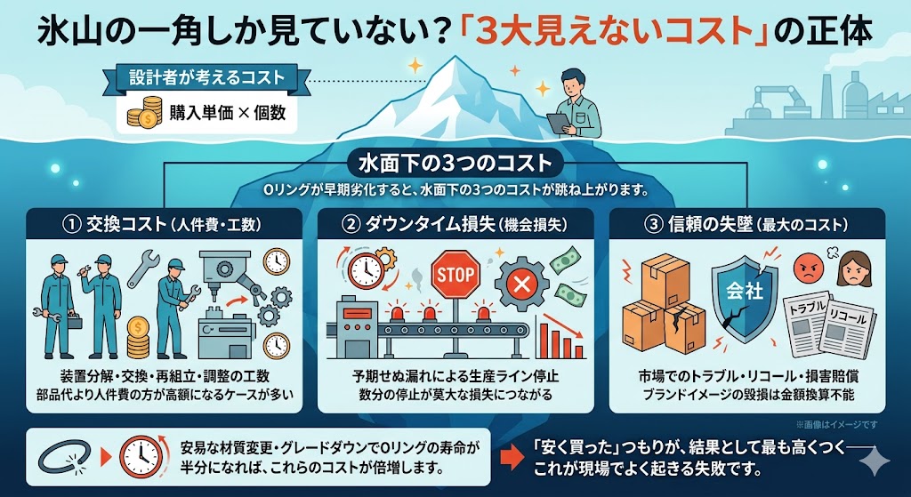 Oリングの3大見えないコスト(交換工数・ダウンタイム損失・信頼の失墜)を氷山で図解したインフォグラフィック